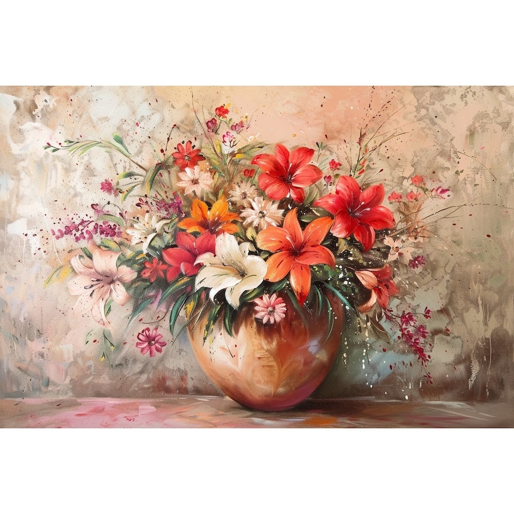 Peinture Fleurs dans un Vase Roses Pêche au Soleil Couchant, art mural décoration nature
