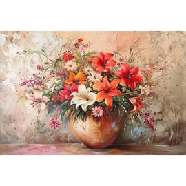 Peinture Fleurs dans un Vase Roses Pêche au Soleil Couchant, art mural décoration nature