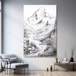 Peinture Dessin Montagne, art mural décoration nature