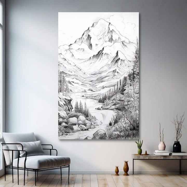 Peinture Dessin Montagne, art mural décoration nature