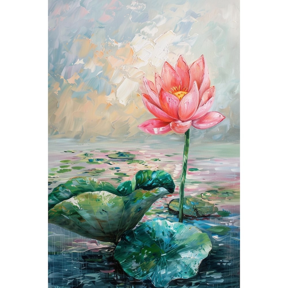 Peinture de Lotus Rose sur Étang aux Nénuphars Verts, art mural décoration nature