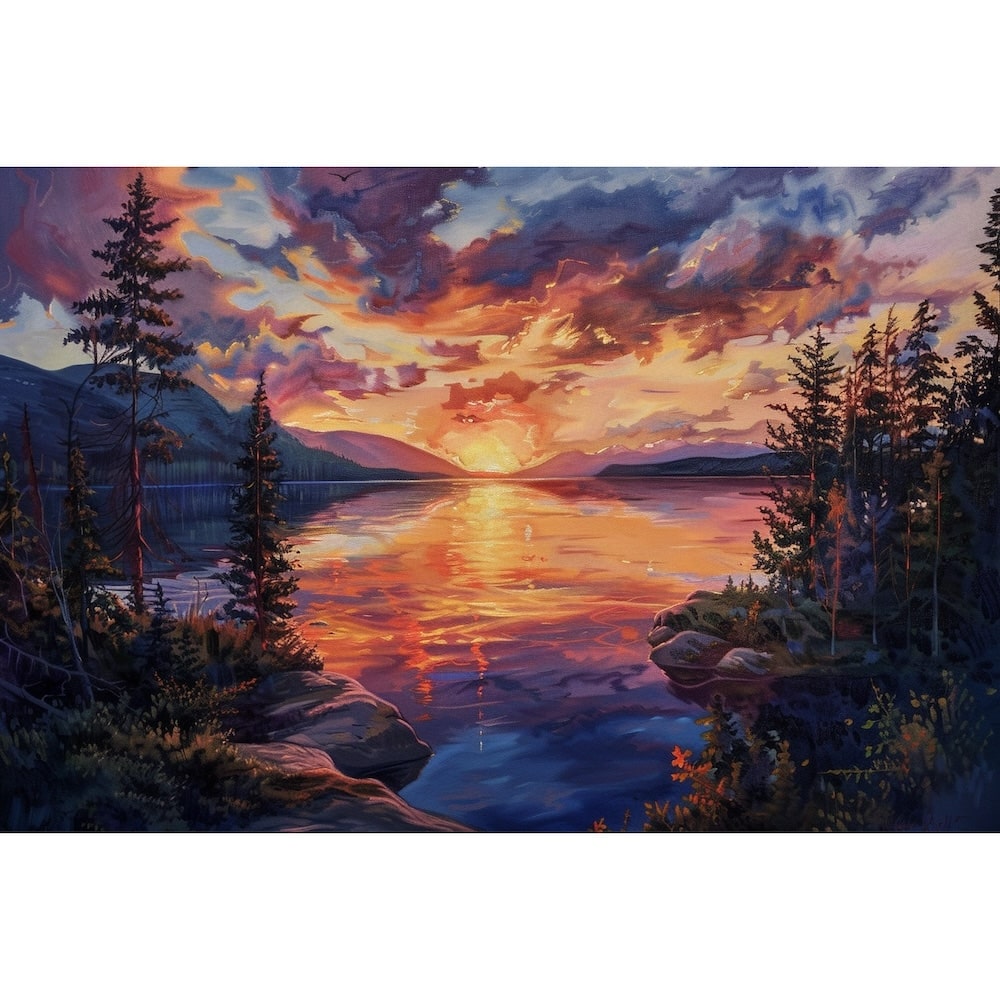Peinture Couchant sur Lac de Montagne, art mural décoration nature
