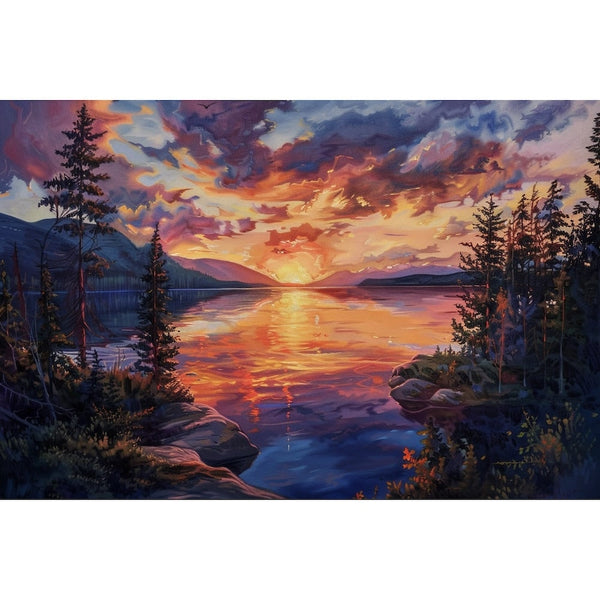 Peinture Couchant sur Lac de Montagne, art mural décoration nature