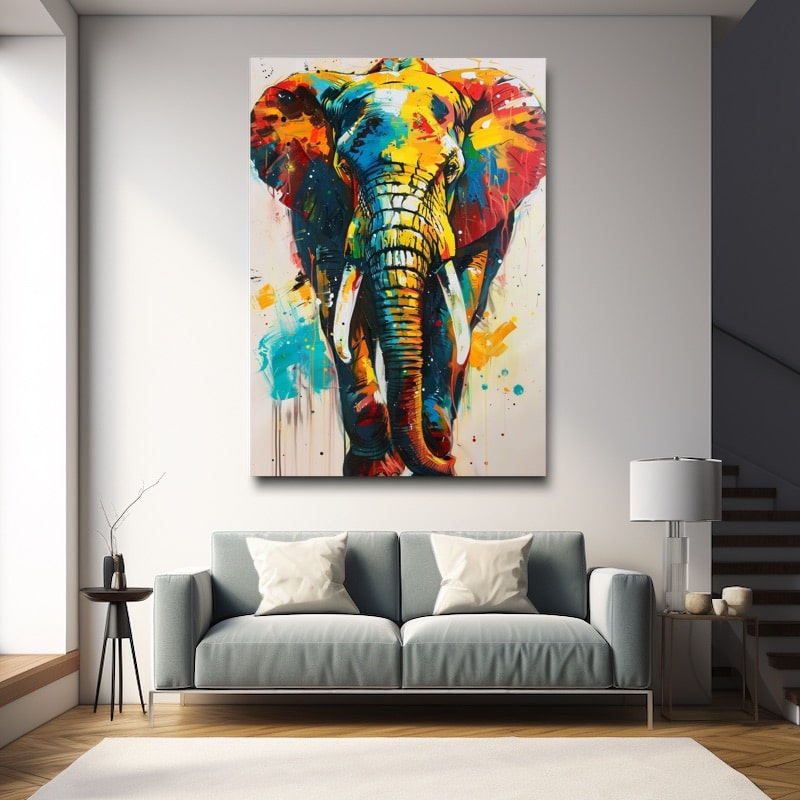 Peinture Éléphant Multicolore, art mural décoration nature