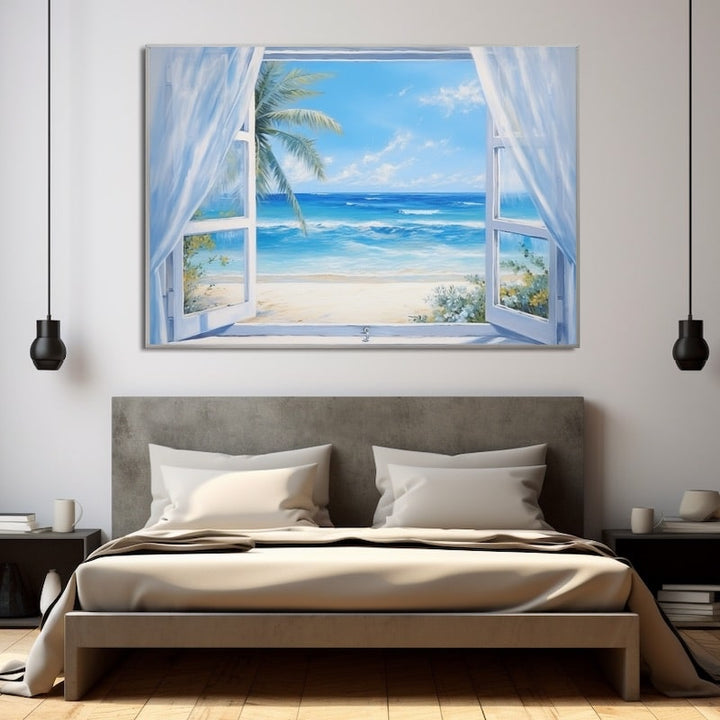Peinture en Trompe l'Œil Fenêtre sur la Mer, art mural décoration nature
