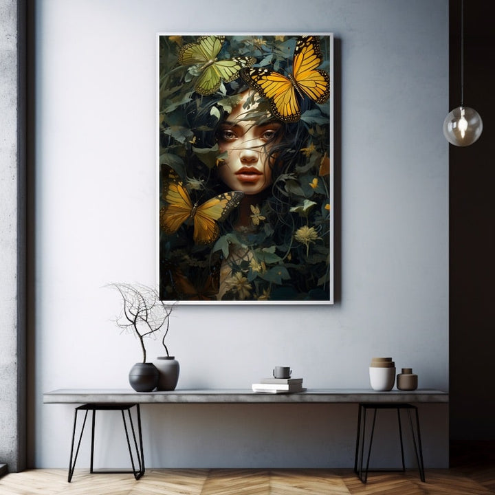 Peinture Femme Papillon, art mural décoration nature