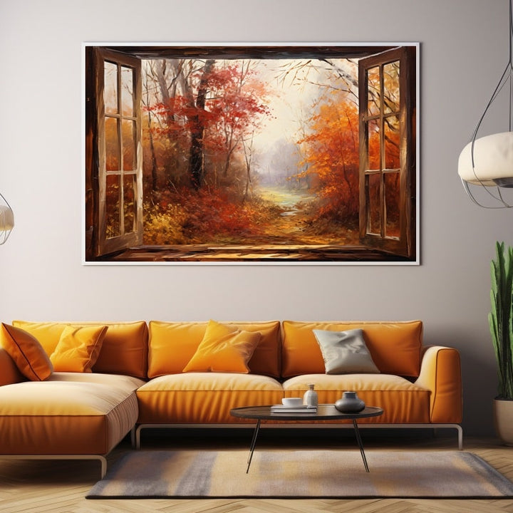 Peinture Fenêtre Automne, art mural décoration nature