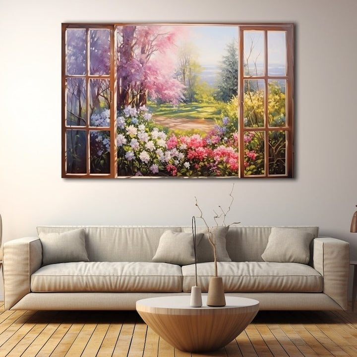 Peinture Fenêtre Printemps, art mural décoration nature
