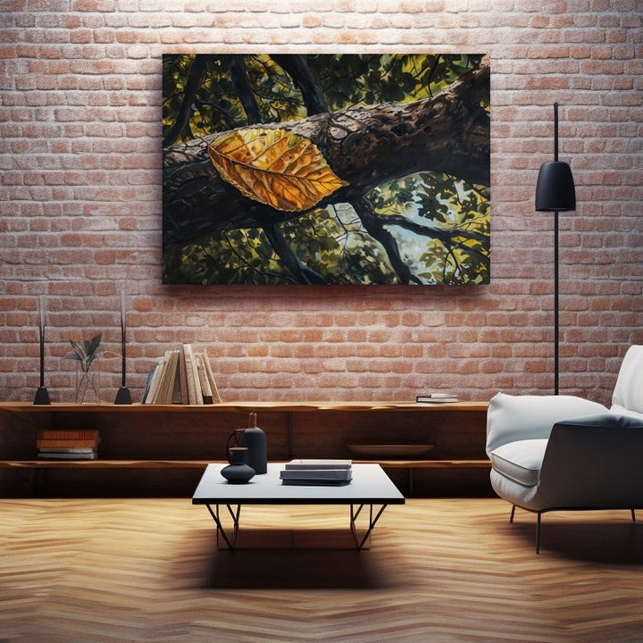 Peinture Feuille Jaune sur Branche, art mural décoration nature