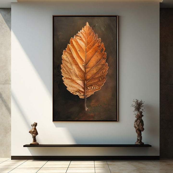 Peinture Feuille Séchée sur Fond Brun, art mural décoration nature