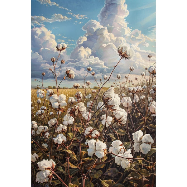 Peinture de plants de coton aux capsules immaculées, tiges brunes et feuillage vert, horizon doré et ciel d'été