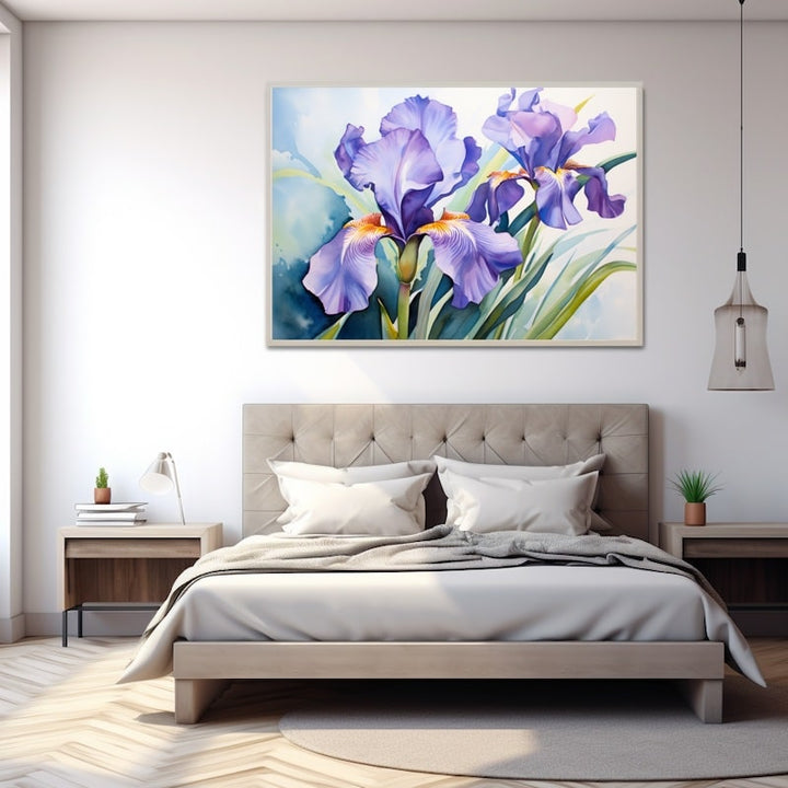 Tableau aquarelle de deux iris mauves en gros plan, barbes orangées et longues feuilles vertes en lance