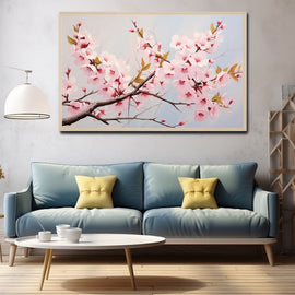 Tableau d'une branche de cerisier japonais en fleurs, pétales roses et feuilles dorées sur ciel bleu pâle