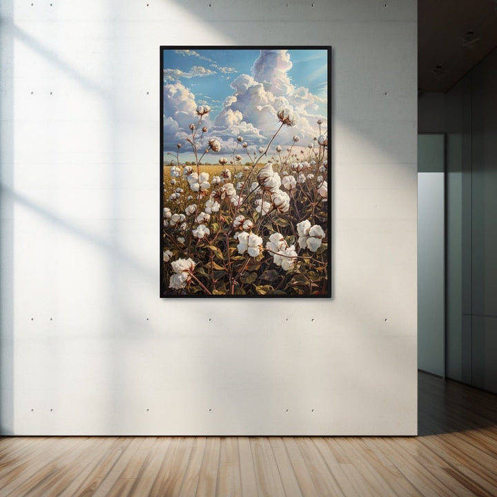 Tableau d'un champ de coton en fleurs, capsules blanches et duveteuses sous un ciel bleu chargé de gros nuages
