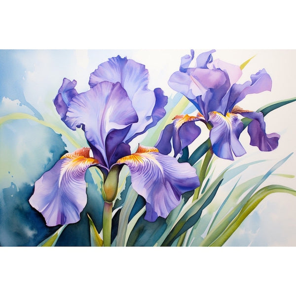 Peinture florale d'iris lavande aux pétales ondulés, touches safran et fond bleu pâle aquarellé