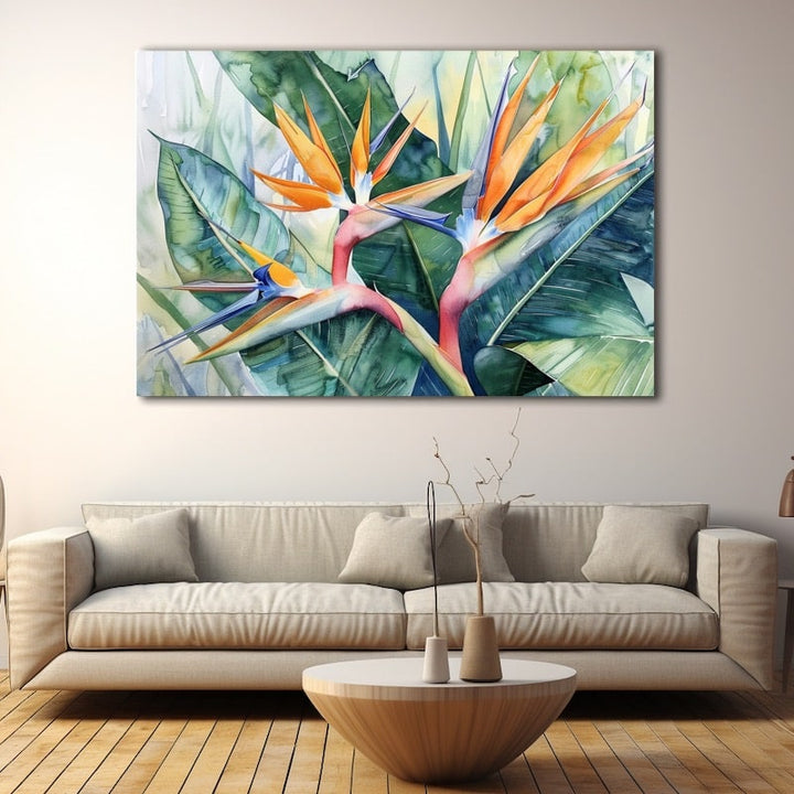 Peinture Fleur Oiseau du Paradis, art mural décoration nature