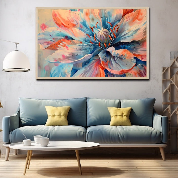 Tableau grande fleur abstraite bleu et corail
