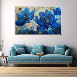 Peinture Fleurs Bleues, art mural décoration nature