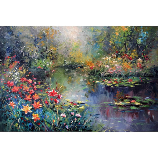 Tableau impressionniste d'une berge fleurie au bord d'un étang, touches vives et reflets bleus violacés