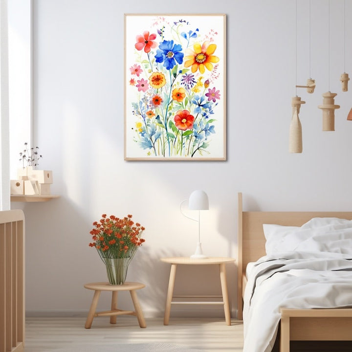 Tableau aquarelle de fleurs des champs, marguerite jaune, corolles bleues et rouges sur fond blanc