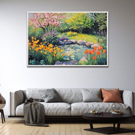 Peinture Jardin Fleuri au Bassin, art mural décoration nature