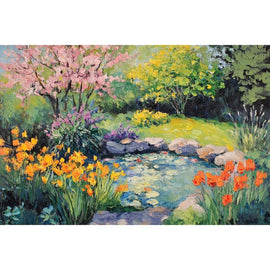Peinture Jardin Fleuri au Bassin, art mural décoration nature
