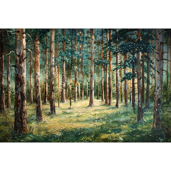Peinture Sapins en Forêt Ensoleillée, art mural décoration nature