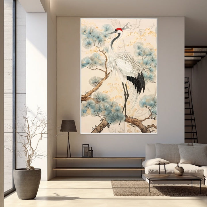Peinture Grue Japonaise, art mural décoration nature