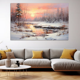 Peinture Neige aux Teintes Corail, art mural décoration nature
