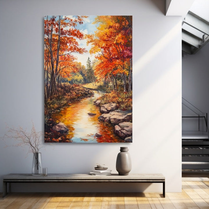 Peinture Ruisseau en Forêt Dorée, art mural décoration nature