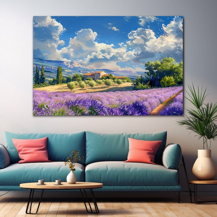 Tableau à l'huile d'un champ de lavande violet, mas provençal en pierre, cyprès et ciel bleu nuageux