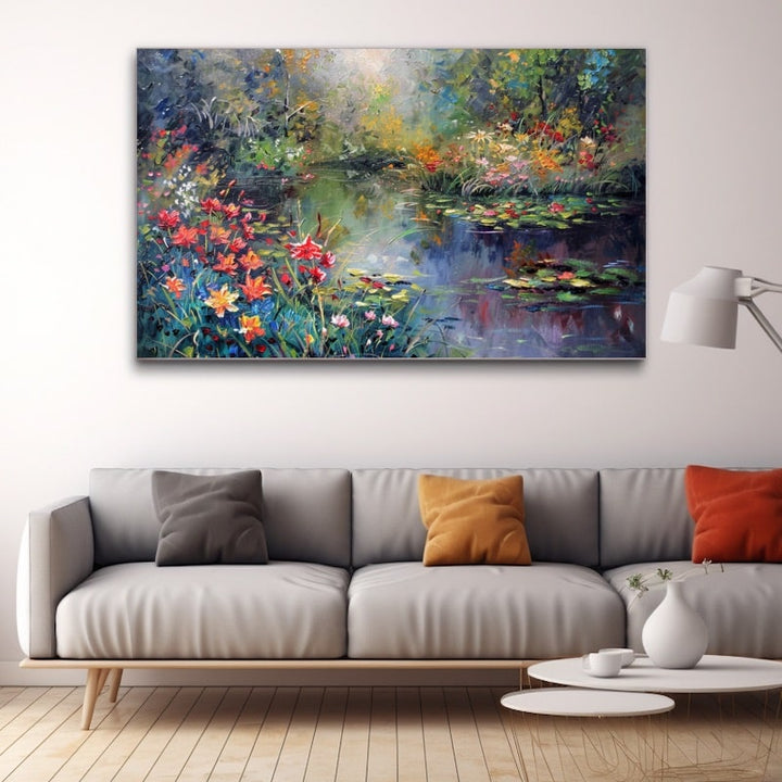 Peinture impressionniste d'un étang bordé de fleurs rouges et orange, nymphéas et feuillages verts sur l'eau