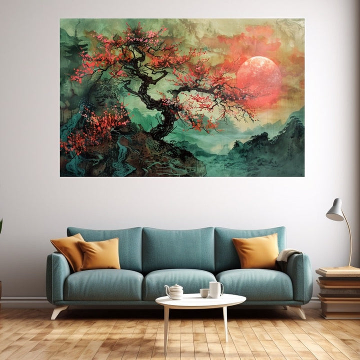 Peinture Japonaise Arbre, art mural décoration nature