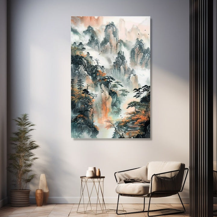 Peinture Japonaise Montagne, art mural décoration nature