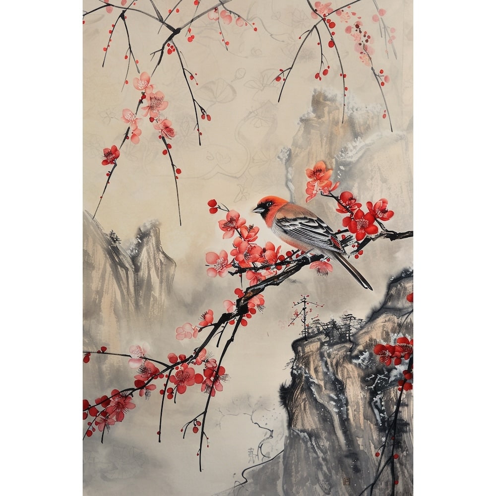 Peinture Japonaise Oiseau, art mural décoration nature, vue 2