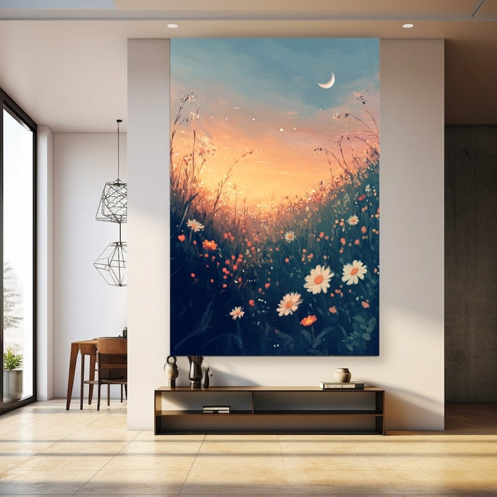 Peinture Prairie Fleurie au Crépuscule, art mural décoration nature