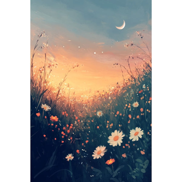 Peinture Prairie Fleurie au Crépuscule, art mural décoration nature