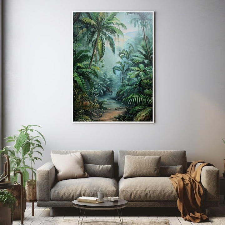 Tableau d'une jungle tropicale verticale, palmiers et fougères vert profond, ruisseau central et brume bleutée