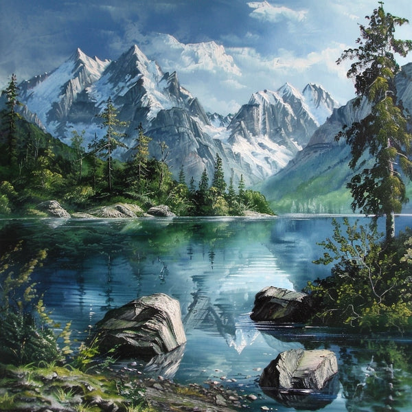 Peinture Lac et Roche Alpine, art mural décoration nature