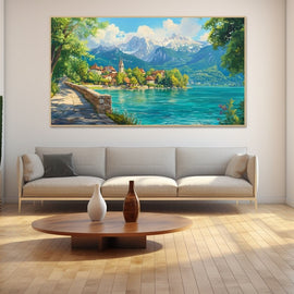 Peinture Lac Annecy et Village au Bord de l'Eau, art mural décoration nature