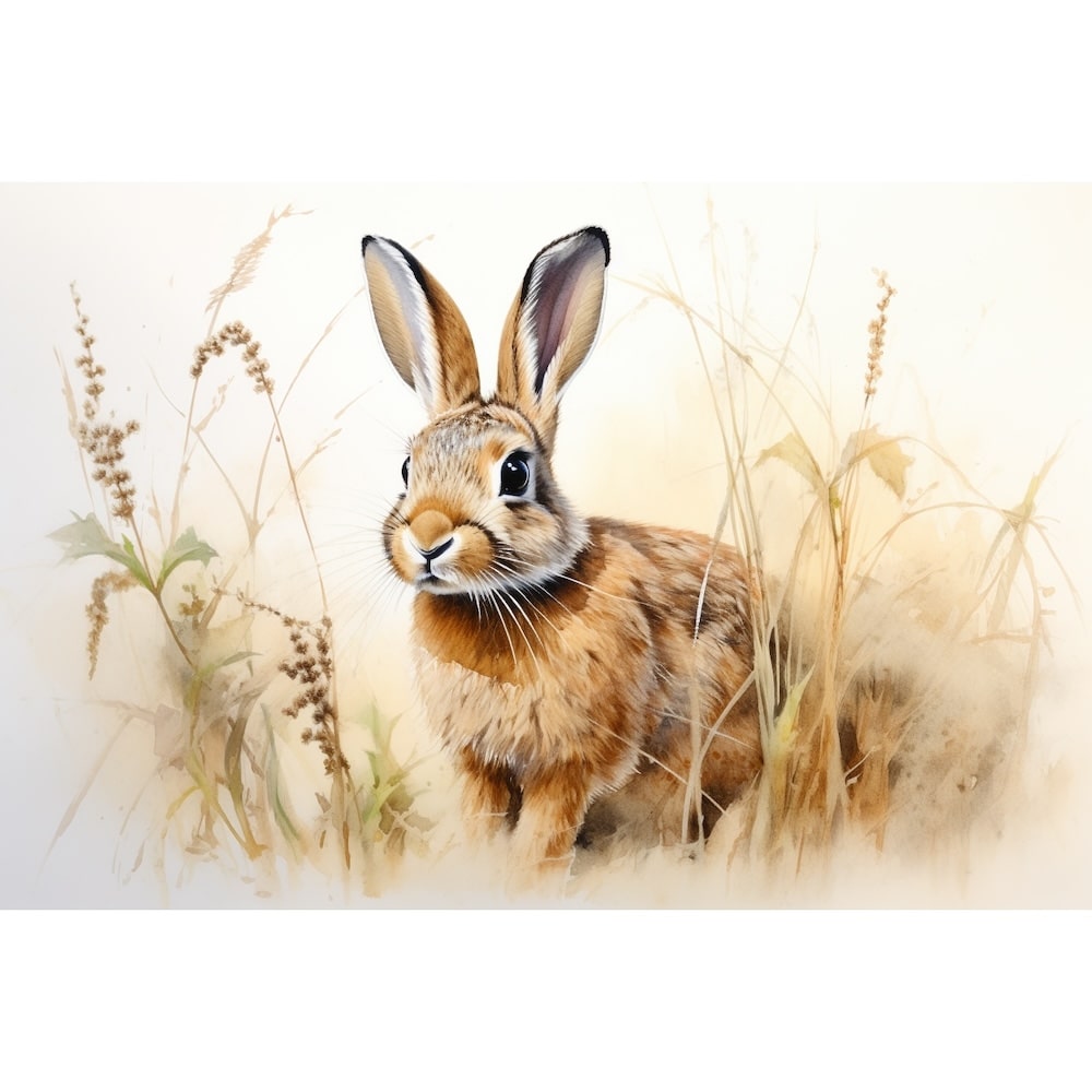 Tableau aquarelle d'un lapin au pelage roux et blanc parmi des graminées sèches sur fond crème