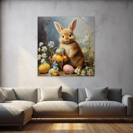 Peinture Lapin Roux au Panier d'Œufs et Marguerites, art mural décoration nature