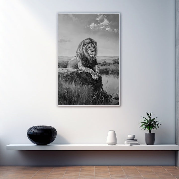 Peinture Lion Noir et Blanc, art mural décoration nature