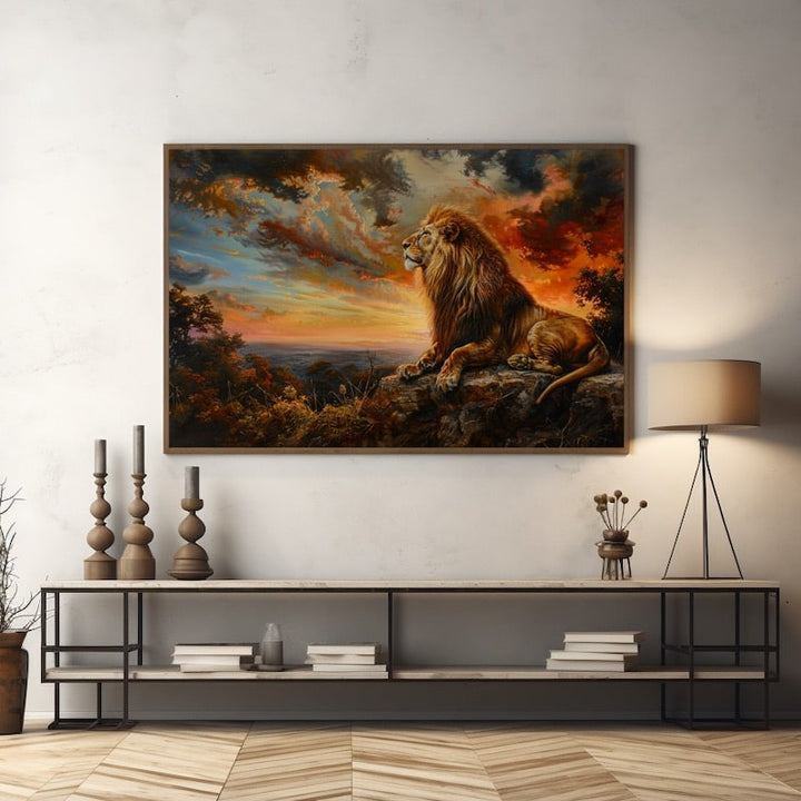 Peinture Lion sur son Rocher, art mural décoration nature