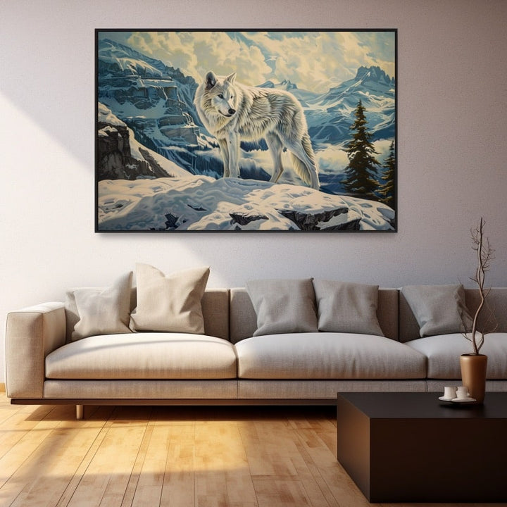 Peinture Loup Blanc dans la Neige, art mural décoration nature