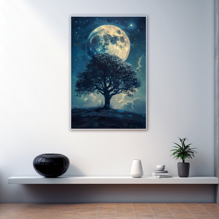 Peinture Lune Arbre, art mural décoration nature