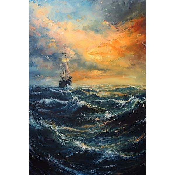 Peinture de Mer Agitée au Coucher de Soleil et Voilier, art mural décoration nature