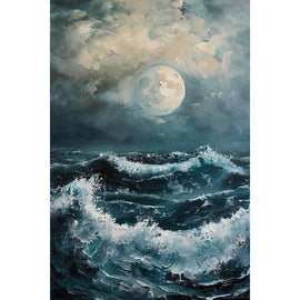 Peinture Mer la Nuit au Clair de Lune et Vague Tumultueuse, art mural décoration nature