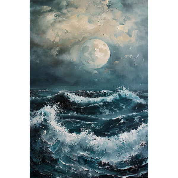Peinture Mer la Nuit au Clair de Lune et Vague Tumultueuse, art mural décoration nature