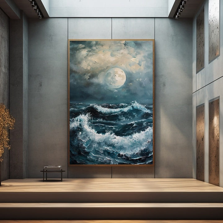 Peinture Mer la Nuit au Clair de Lune et Vague Tumultueuse, art mural décoration nature